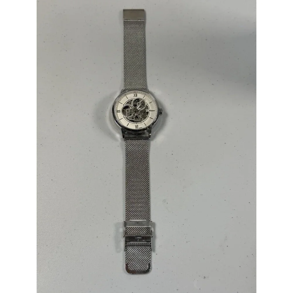 40.5mm Automatic Skeleton Mechanical Watch Silver Mesh Band Open Heart New